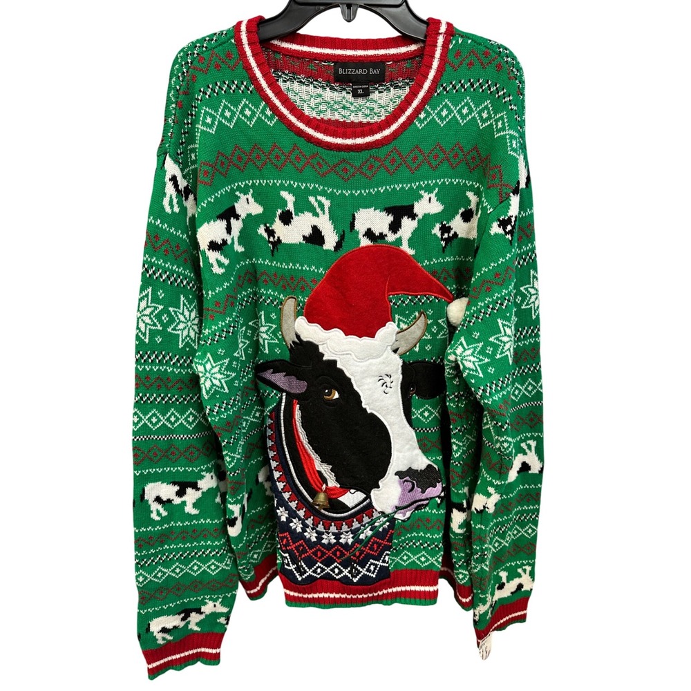 Blizzard Bay Cow Santa Hat Ugly Christmas Sweater XL Green Festive Holiday